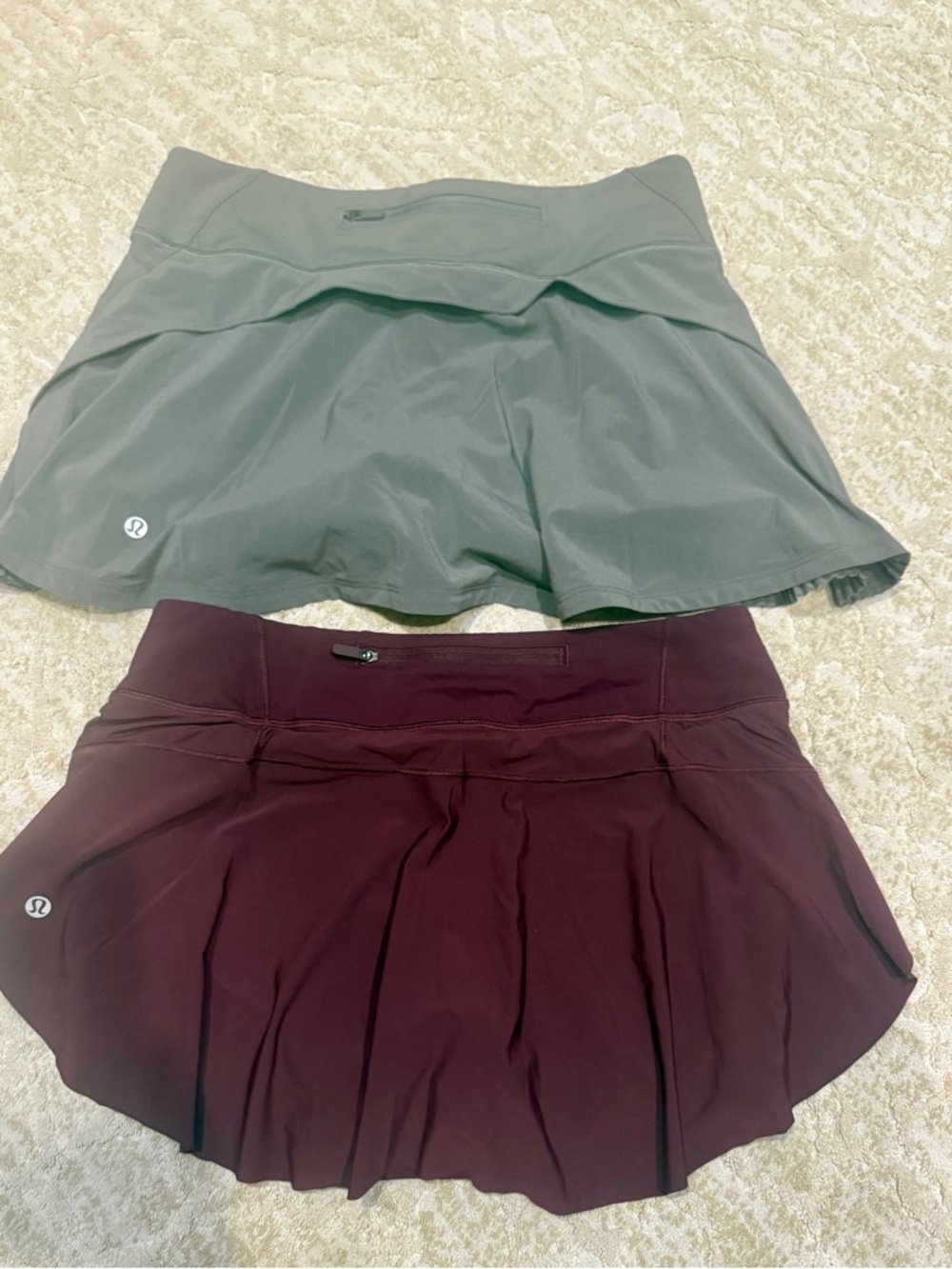 Lululemon 2 skorts in Olive Green & Burgundy SZ 6 perf w/ pocket for phone/keys
